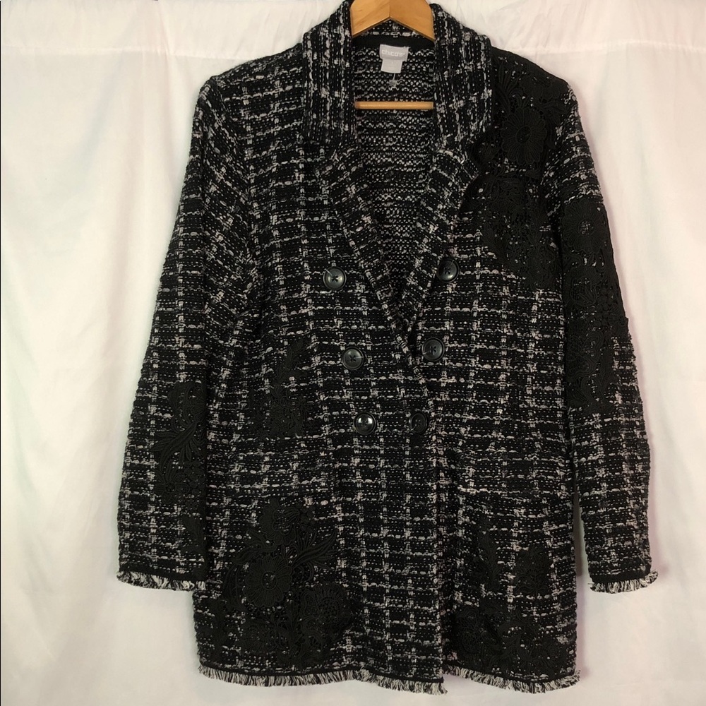 Chico's Cardigan Sweater Embr Plaid Sweater Blazer Cardigan Pat Black 3 (XL)